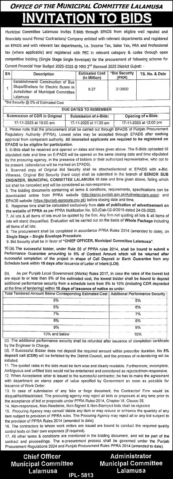 Municipal Committee Lalamusa Tender Notice